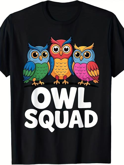 Men's Graphic T-Shirt Owl Squad Colorful Feathers With Cartoon Forest Friends Sitting Owl