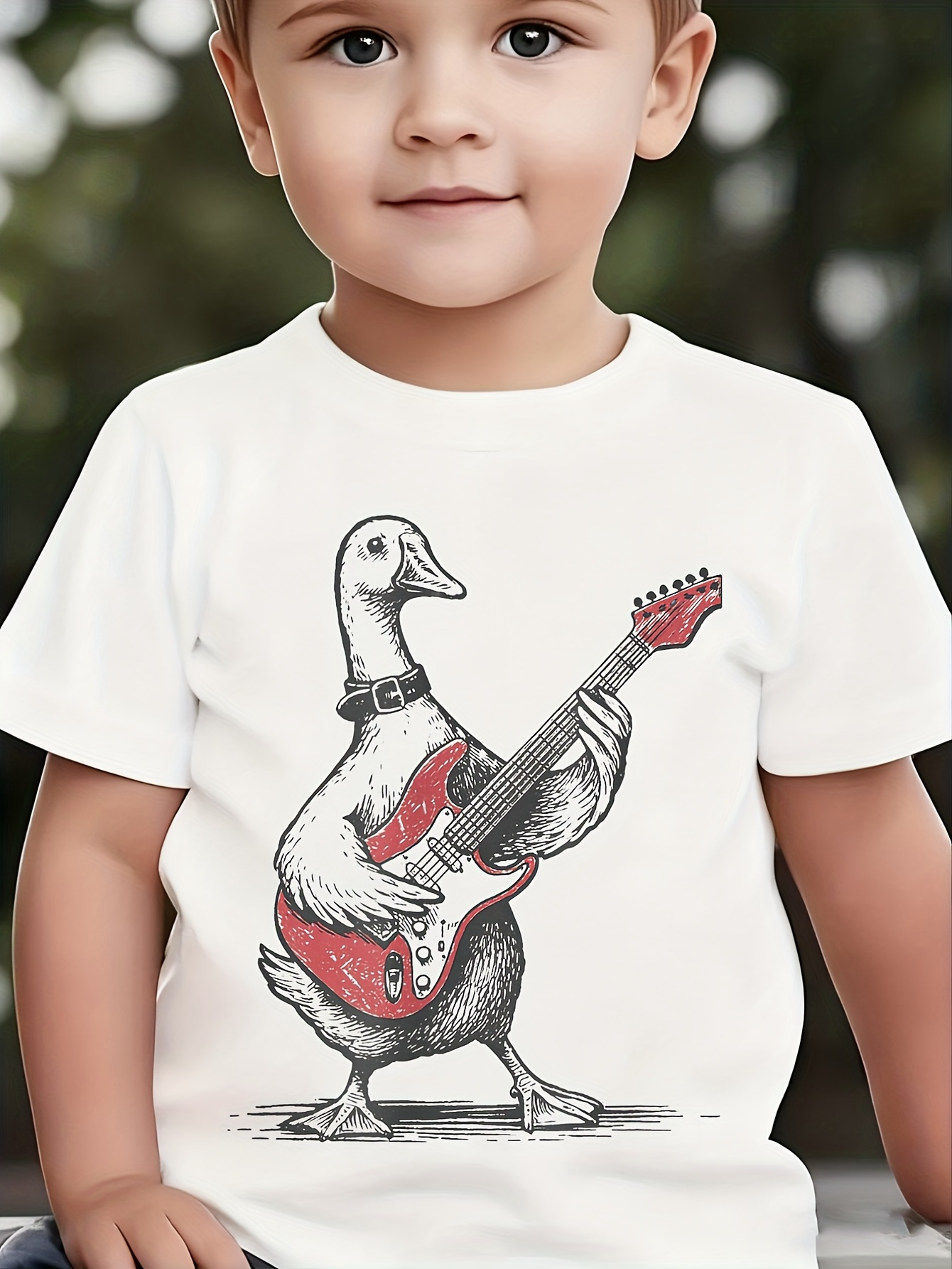 Men's Graphic T-Shirt Playful White Feathers With Red Electric Guitar Standing Duck