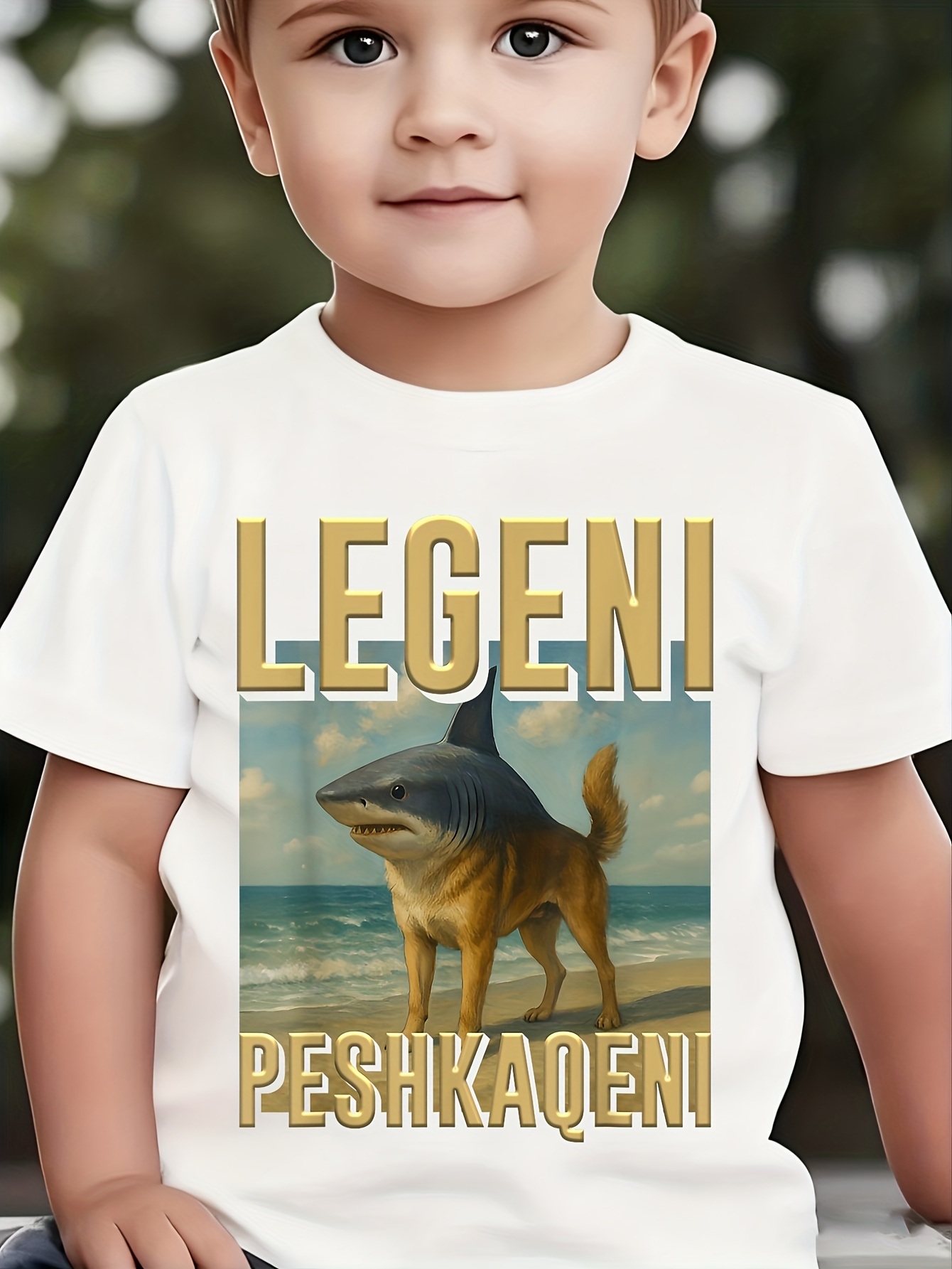 Men's Graphic T-Shirt Elegant Beach Scene With Shark Head On Golden Brown Dog Body