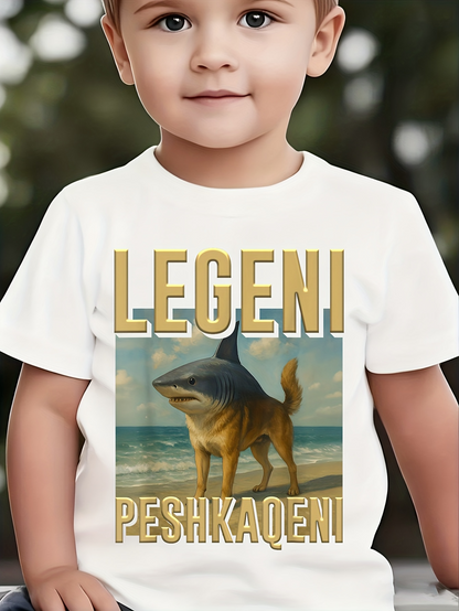 Men's Graphic T-Shirt Elegant Beach Scene With Shark Head On Golden Brown Dog Body