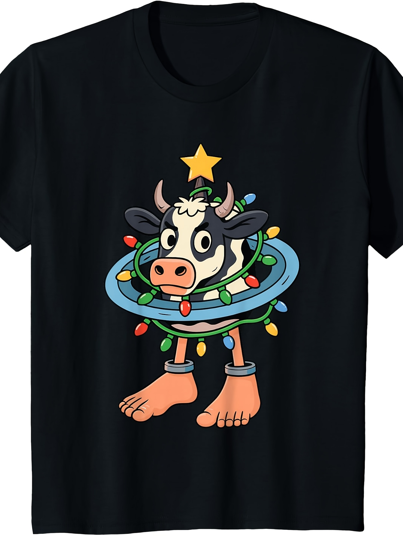 Men's Graphic T-Shirt Whimsical Cow With Christmas Lights Wrapped Around Cartoon Cow