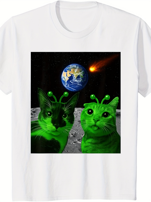 Men's Graphic T-Shirt Green Alien Cats On Moon With Earth In Distant Space
