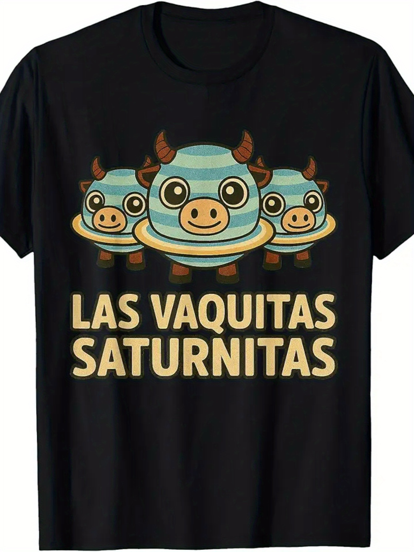 Men's Graphic T-Shirt Blue Cartoon Cow Faces Surrounded By Yellow Rings Space Floating Cow