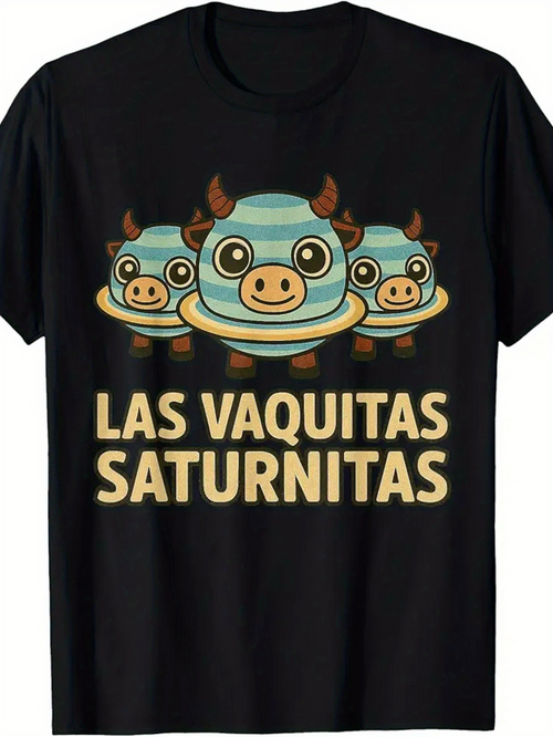 Men's Graphic T-Shirt Blue Cartoon Cow Faces Surrounded By Yellow Rings Space Floating Cow