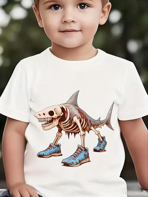 Men's Graphic T-Shirt Playful Cartoon Skeleton Shark Wearing Blue Sneakers