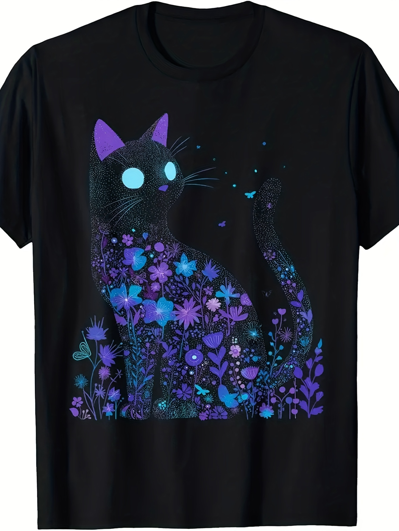 Men's Graphic T-Shirt Mystical Neon Flowers Among Glowing Petals On Sitting Cat