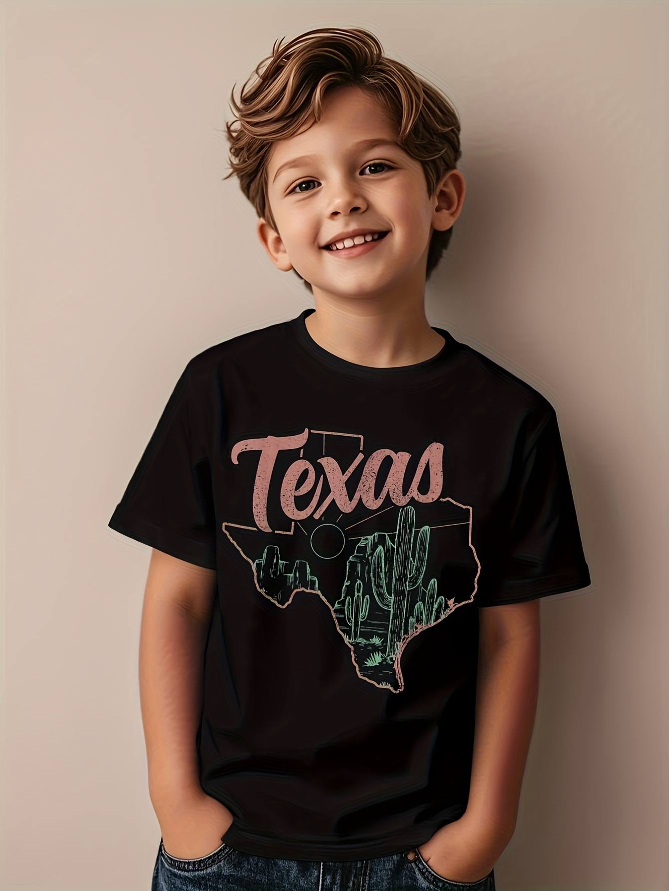 Men's Graphic T-Shirt Texas Pink Lettering And Green Cactus Under State Outline Texas