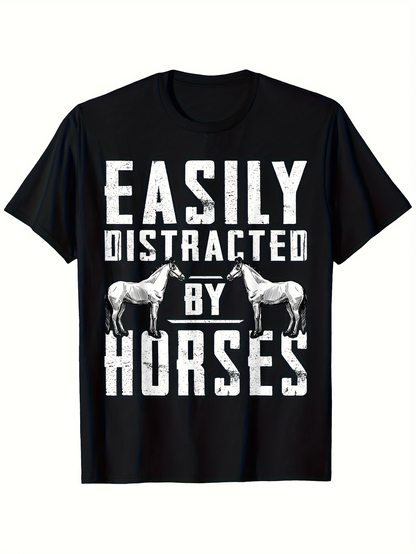 Men's Graphic T-Shirt Easily Distracted By Horses Rustic Block Letters With Two Horses Underneath Text