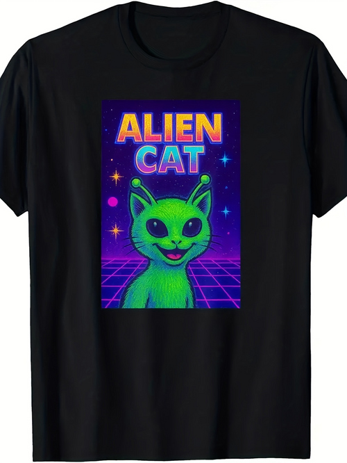 Men's Graphic T-Shirt Alien Cat Glowing Neon Green Against Purple Digital Star Night Cat