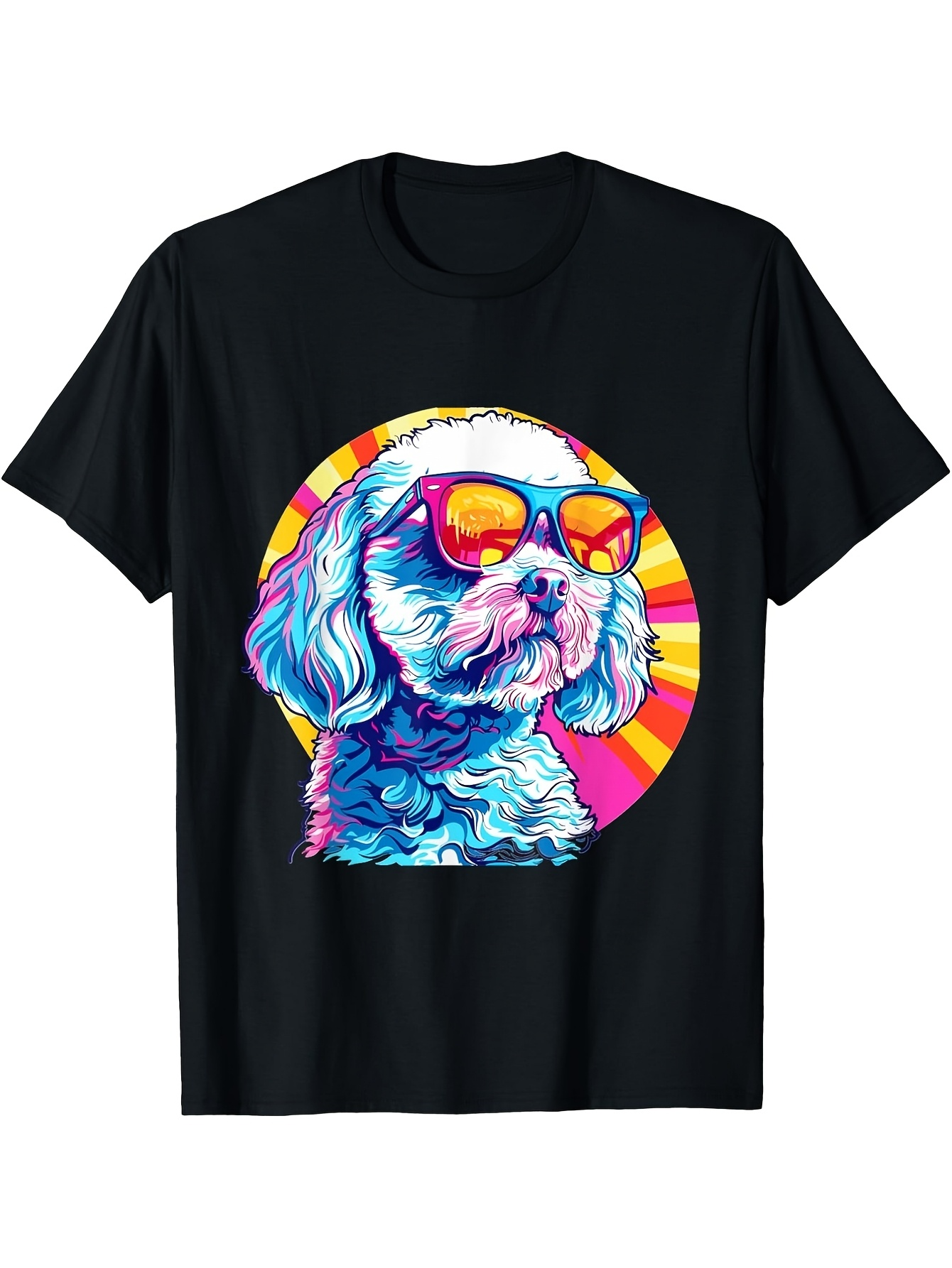 Men's Graphic T-Shirt Retro Sunburst Neon Colors With Sunglasses Wearing Cute Dog