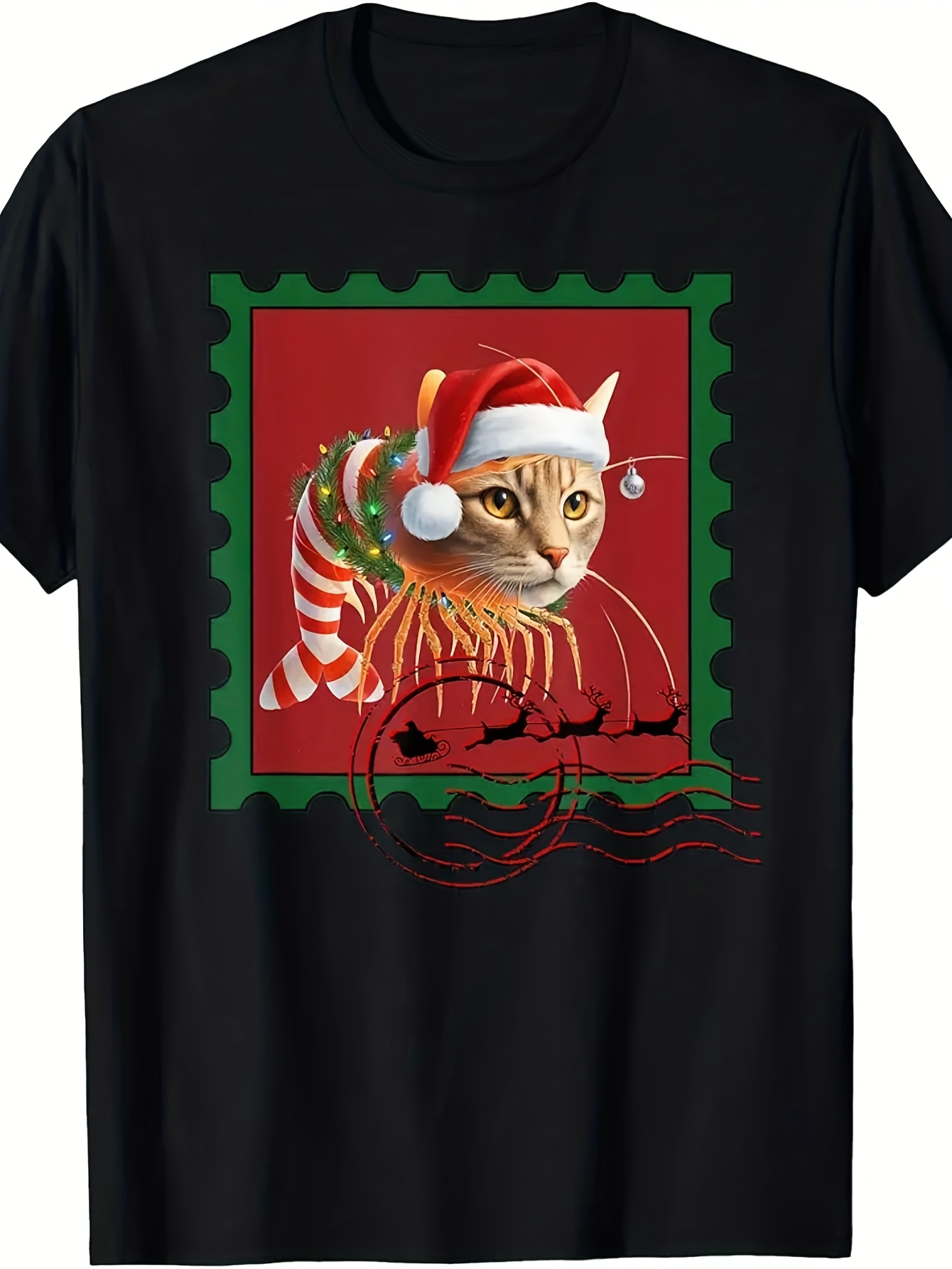 Men's Graphic T-Shirt Christmas Cat With Santa Hat Among Holiday Decorations Stamp