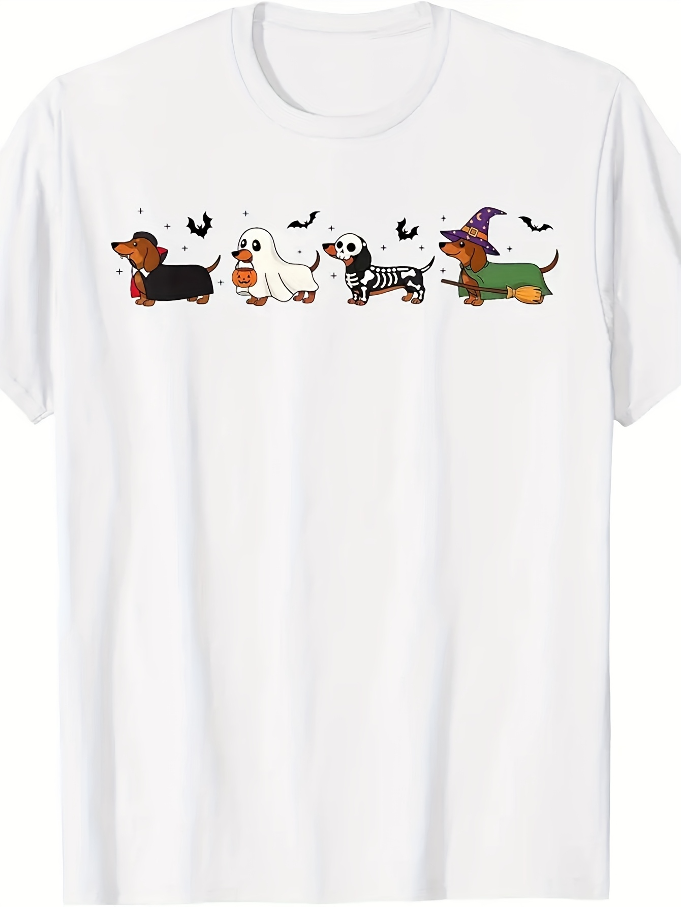 Men's Graphic T-Shirt Adorable Dachshunds Wearing Halloween Costumes With Flying Black Bats