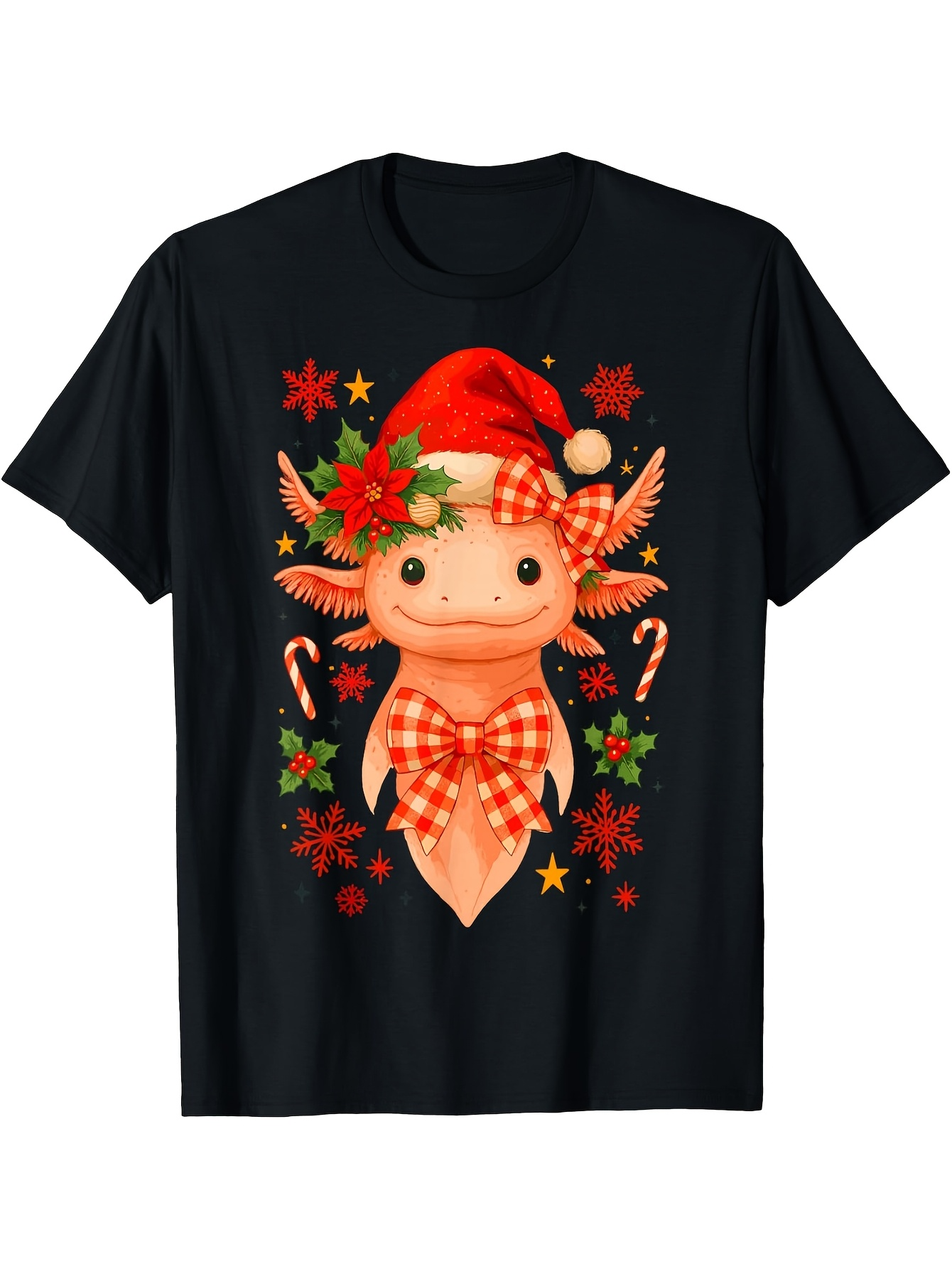 Men's Graphic T-Shirt Christmas Flowers And Festive Garland With Smiling Axolotl