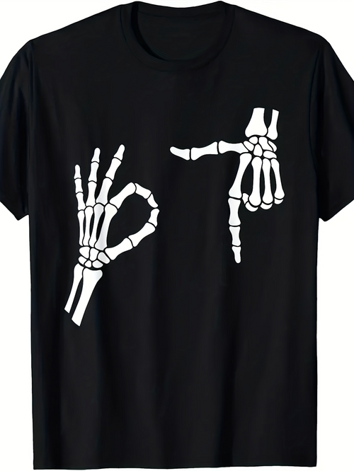 Men's Graphic T-Shirt Skeleton Hands Making Gesture Sign On Black Cotton T Shirt