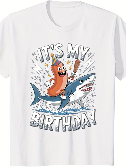 Men's Graphic T-Shirt Its My Birthday Fun Hot Dog Riding A Smiling Blue Shark