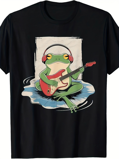 Men's Graphic T-Shirt Groovy Pond Reflections With Headphones And Electric Guitar Frog