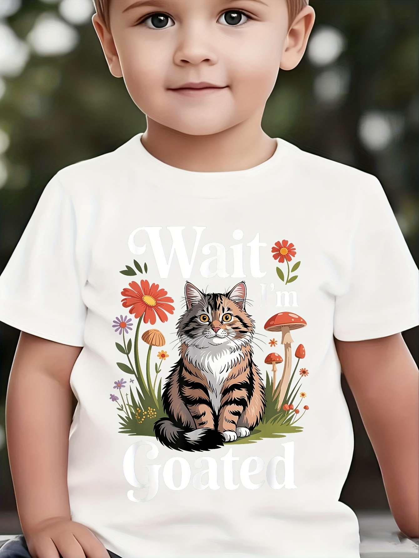 Men's Graphic T-Shirt Wait Among Wildflowers With Orange Mushrooms And Fluffy Cat