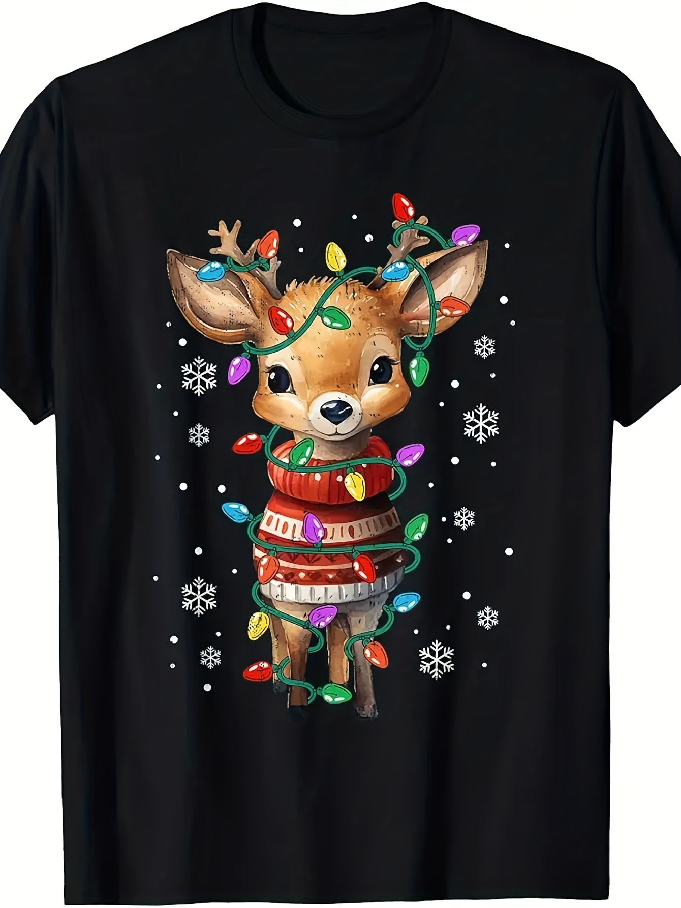 Men's Graphic T-Shirt Cute Christmas Lights Wrapped Baby Deer In Snowy Winter Forest