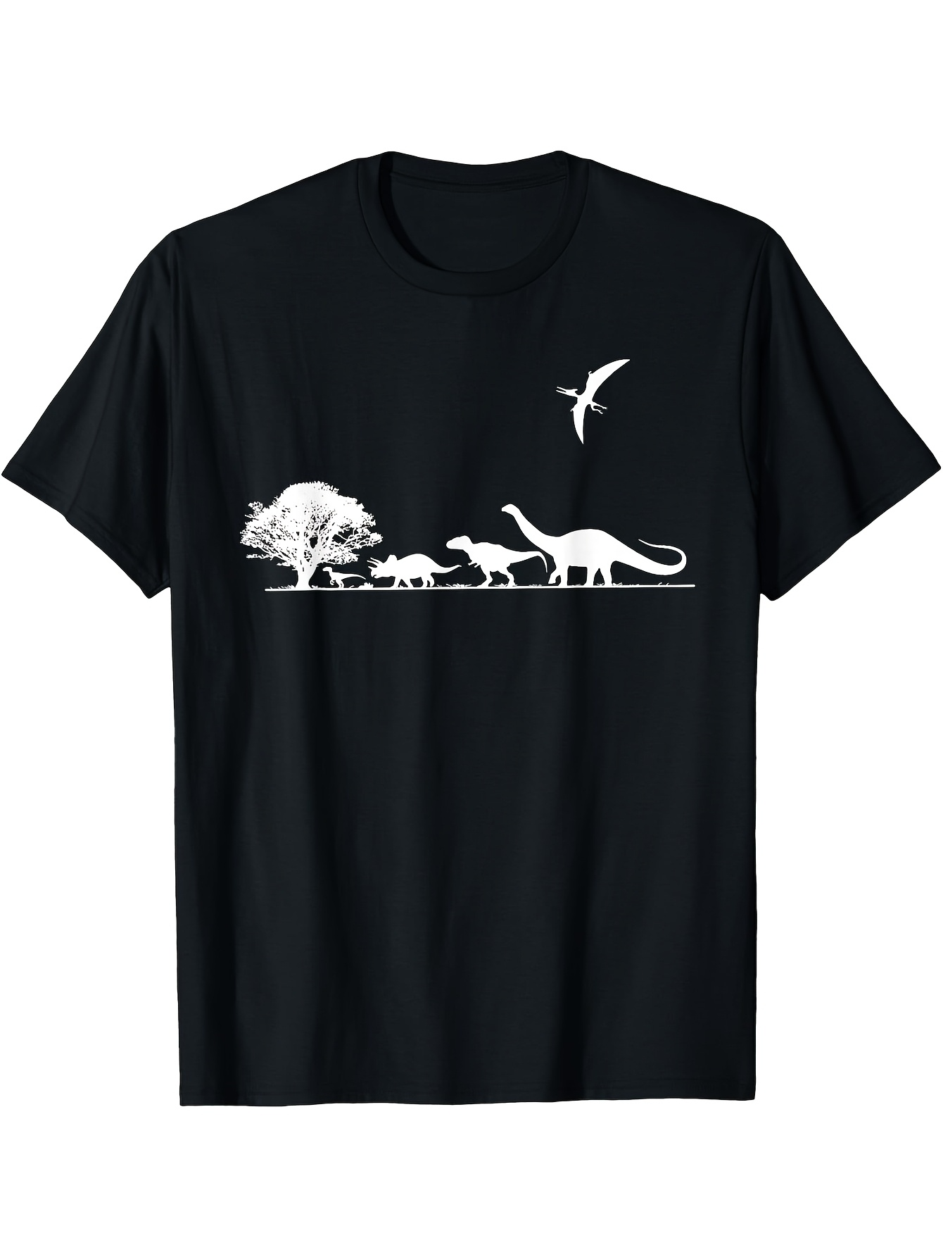 Men's Graphic T-Shirt Silhouetted White Trees Ancient Prehistoric Walking Among Flying Dinosaur