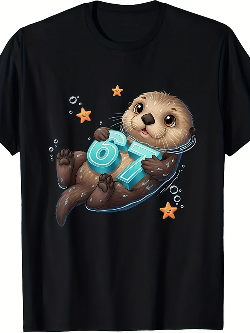 Men's Graphic T-Shirt Playful Sea Otter With Floating Blue Numbers Among Starfish Water Otter