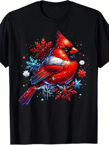 Men's Graphic T-Shirt Snowflake Ornaments With Red Winter Bird Among Frost Sparkling Snow Cardinal