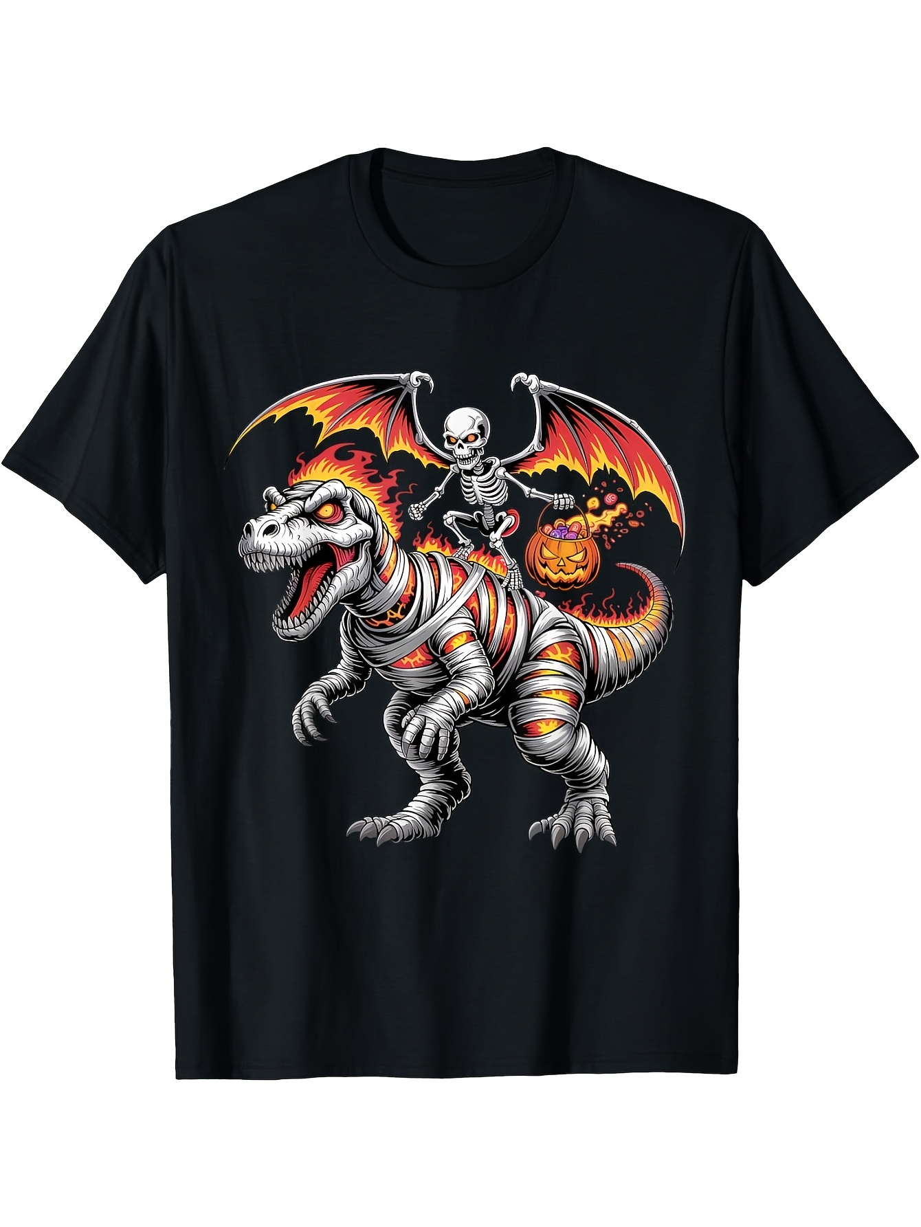 Men's Graphic T-Shirt Halloween Skeleton With Pumpkin Among Burning Bat Wings Dinosaur