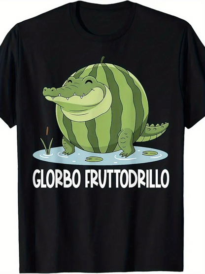 Men's Graphic T-Shirt Glorbo Fruttodrillo Whimsical Watermelon Stripes With Playful Cartoon Animal