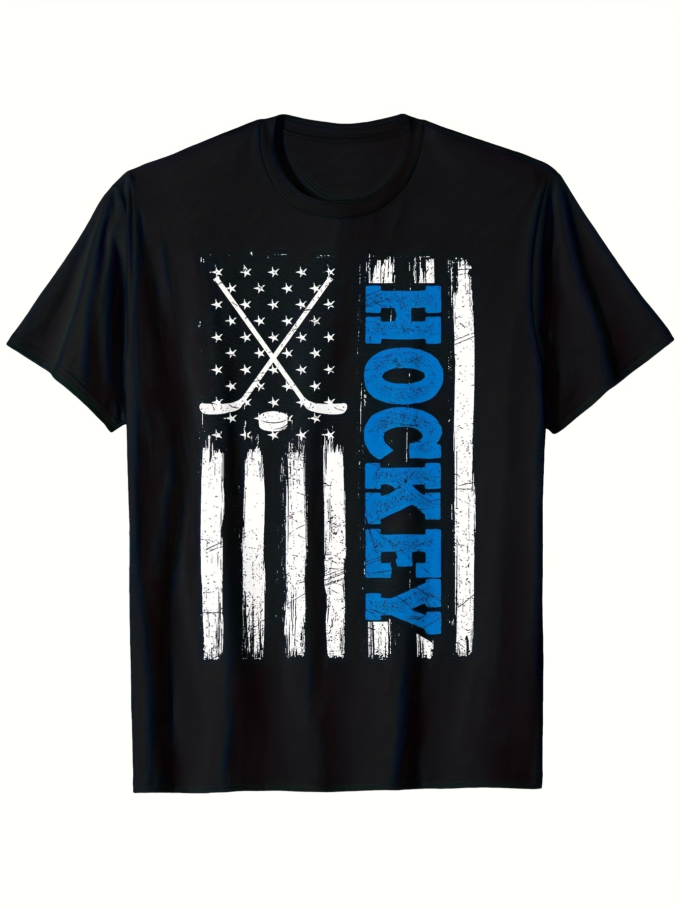 Men's Graphic T-Shirt Bold Blue Lettering On American Flag With Hockey Sticks Hockey