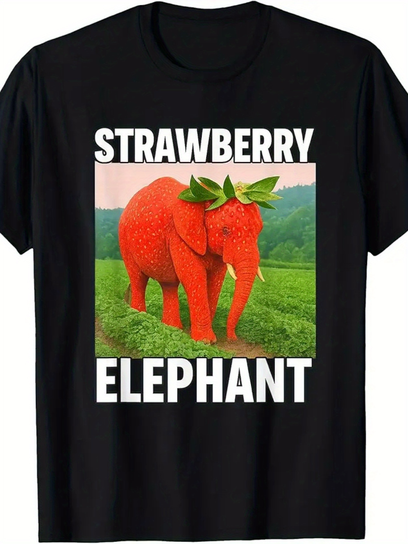 Men's Graphic T-Shirt Strawberry Elephant Standing On Green Field With Leaves On Head Elephant