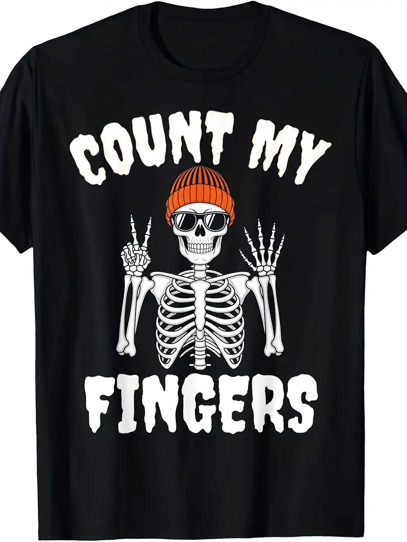Men's Graphic T-Shirt Count My Fingers Skeleton With Orange Hat And Cool Sunglasses