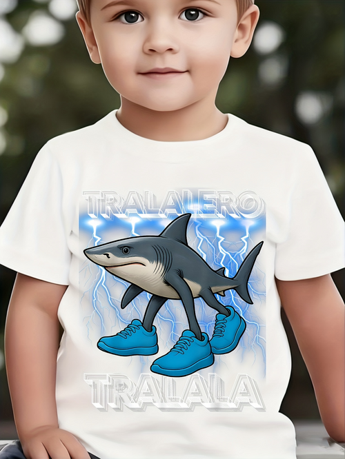 Men's Graphic T-Shirt Tralala Whimsical Cartoon Shark Wearing Vibrant Blue Sneakers