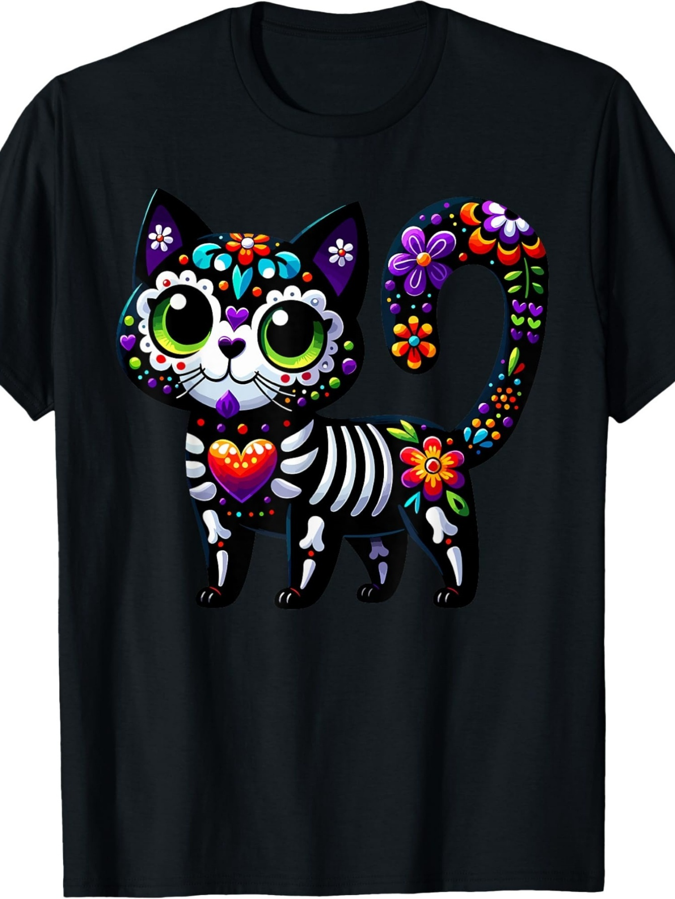 Men's Graphic T-Shirt Colorful Floral Day Of The Dead Inspired Skeleton Cat