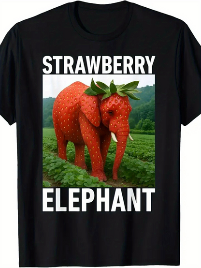 Men's Graphic T-Shirt Strawberry Elephant Standing In Lush Green Fields With Leafy Crown Elephant