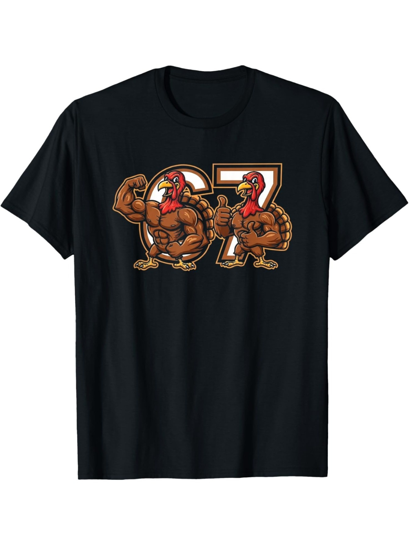 Men's Graphic T-Shirt Cartoon Turkeys Dancing In Front Of Bold Number Sixty Seven