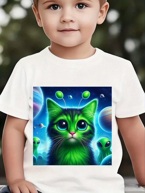 Men's Graphic T-Shirt Glowing Alien Green Cat Surrounded By Planets And Floating In Space Cat