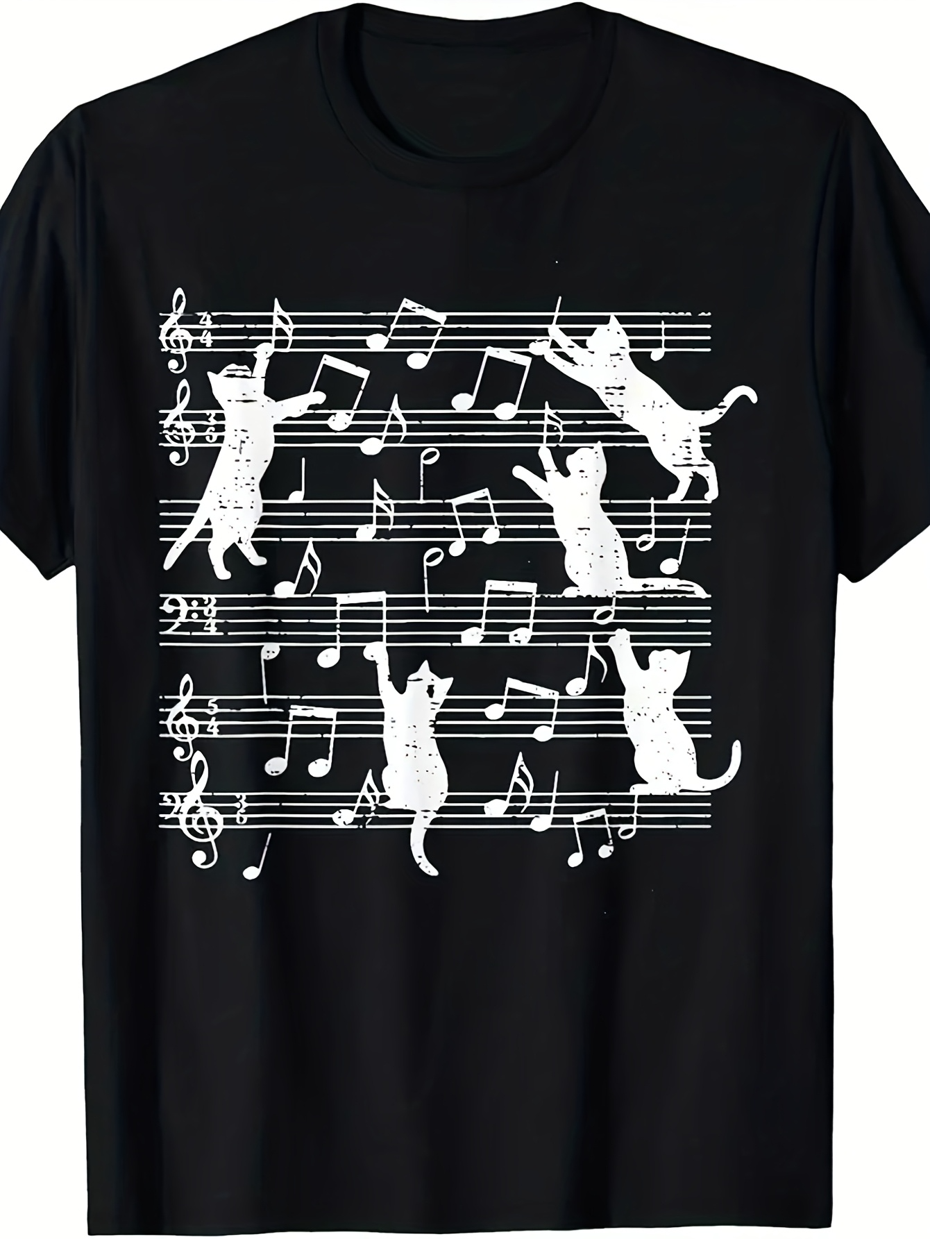 Men's Graphic T-Shirt Playful Cats Dancing Along Musical Notes Sheet Music