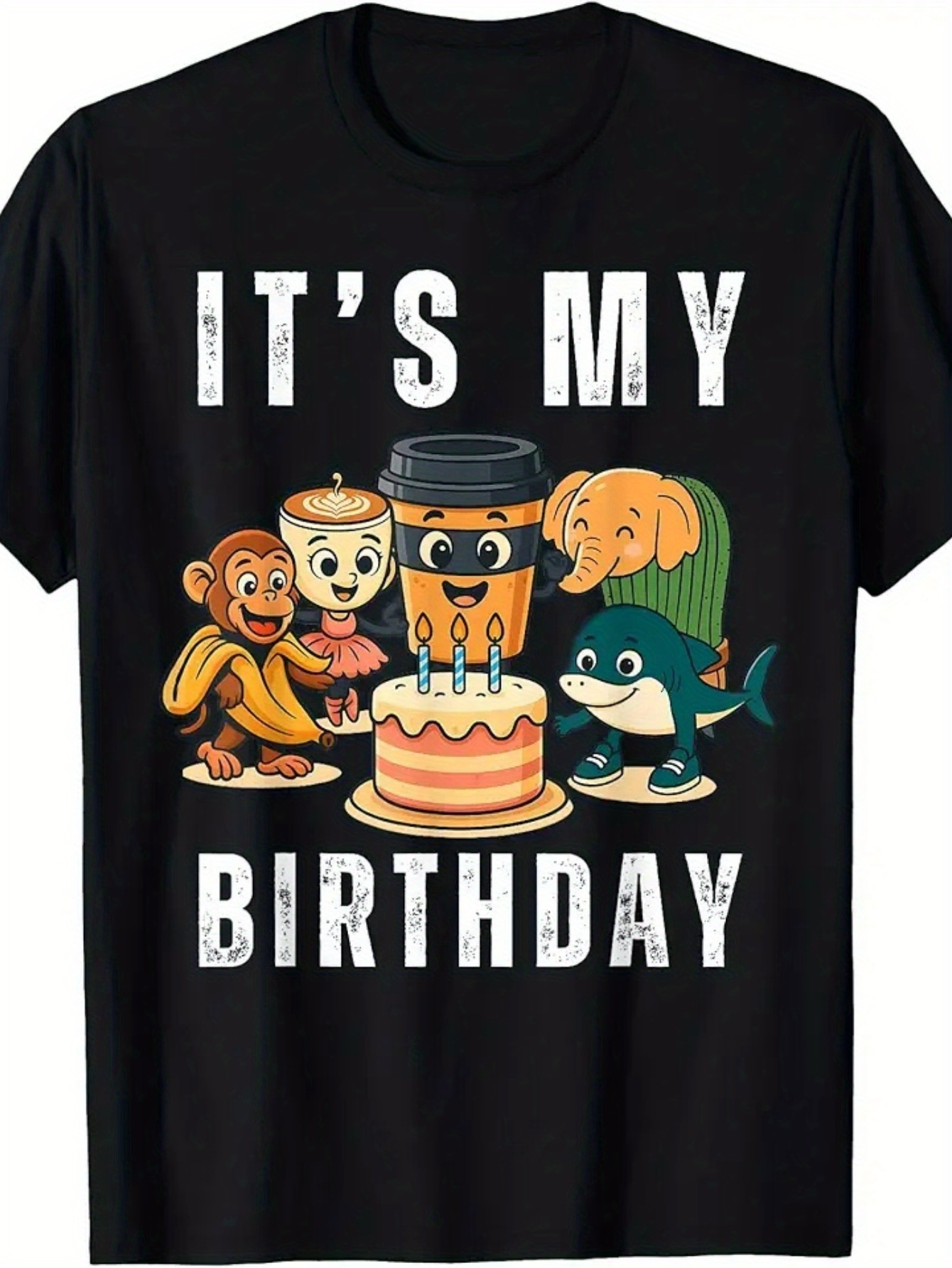 Men's Graphic T-Shirt Its My Birthday With Cartoon Animals Smiling Around A Cake