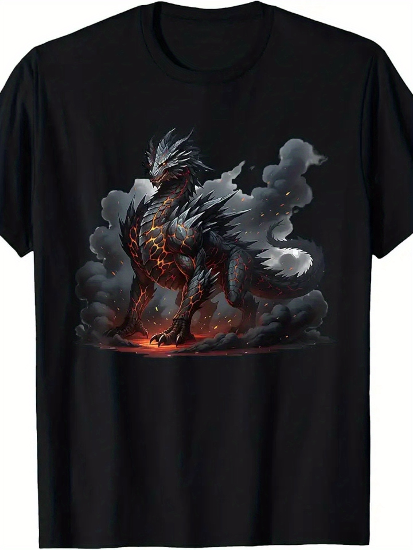 Men's Graphic T-Shirt Fiery Smoke Among Dark Clouds With Majestic Mythical Black Dragon