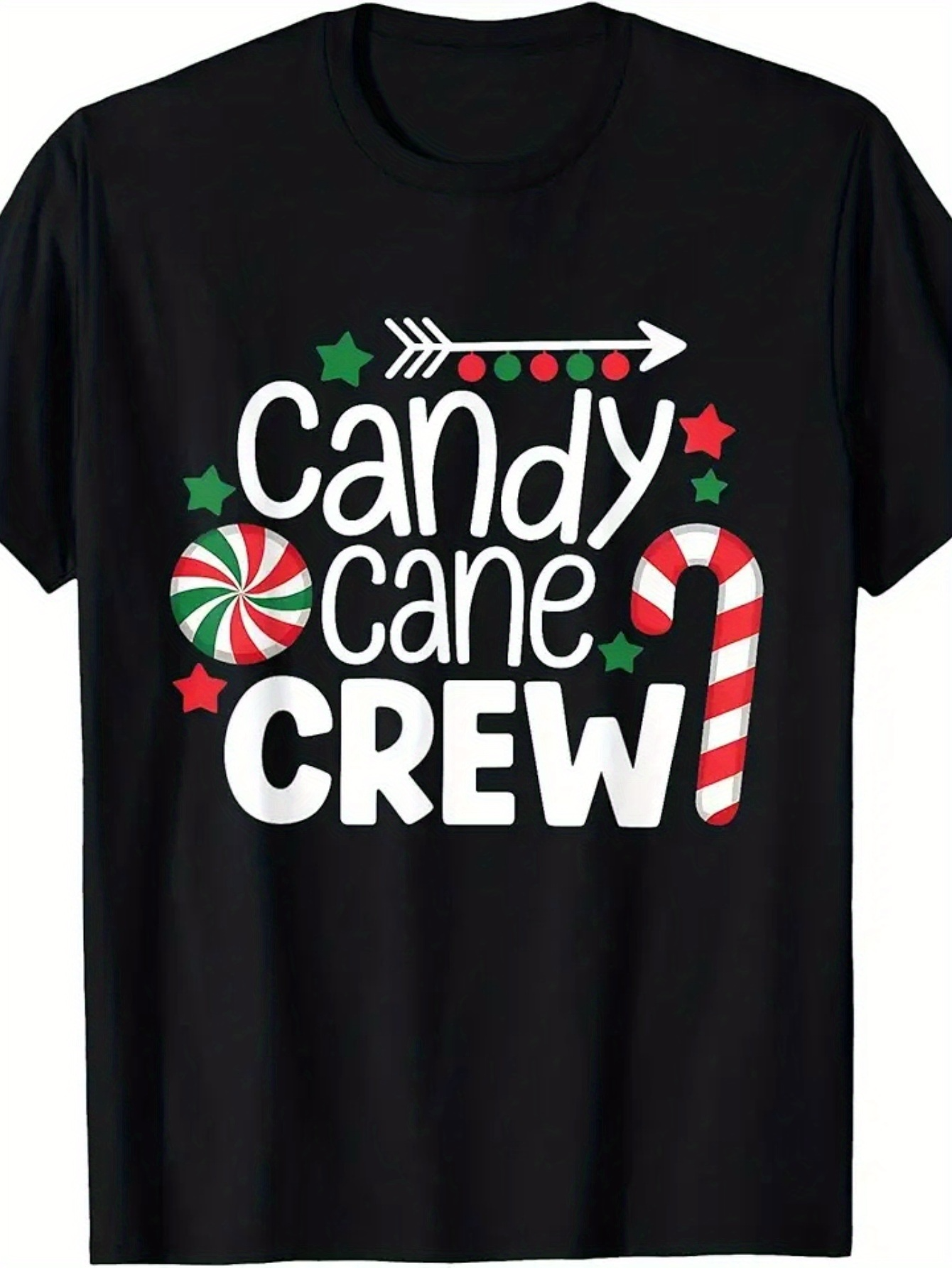 Men's Graphic T-Shirt Candy Cane Crew With Festive Holiday Stars And Striped Christmas Candy