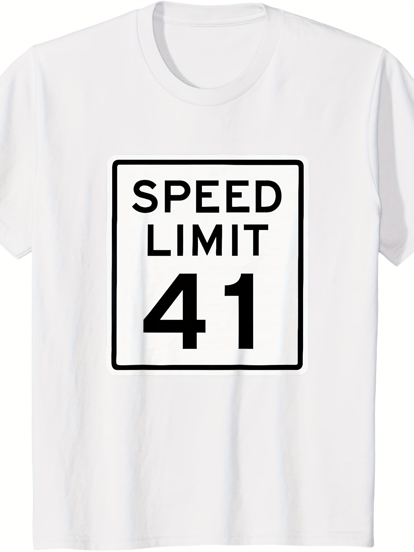 Men's Graphic T-Shirt Speed Limit 41 Bold Black Letters Surrounded By Square Border On White Shirt