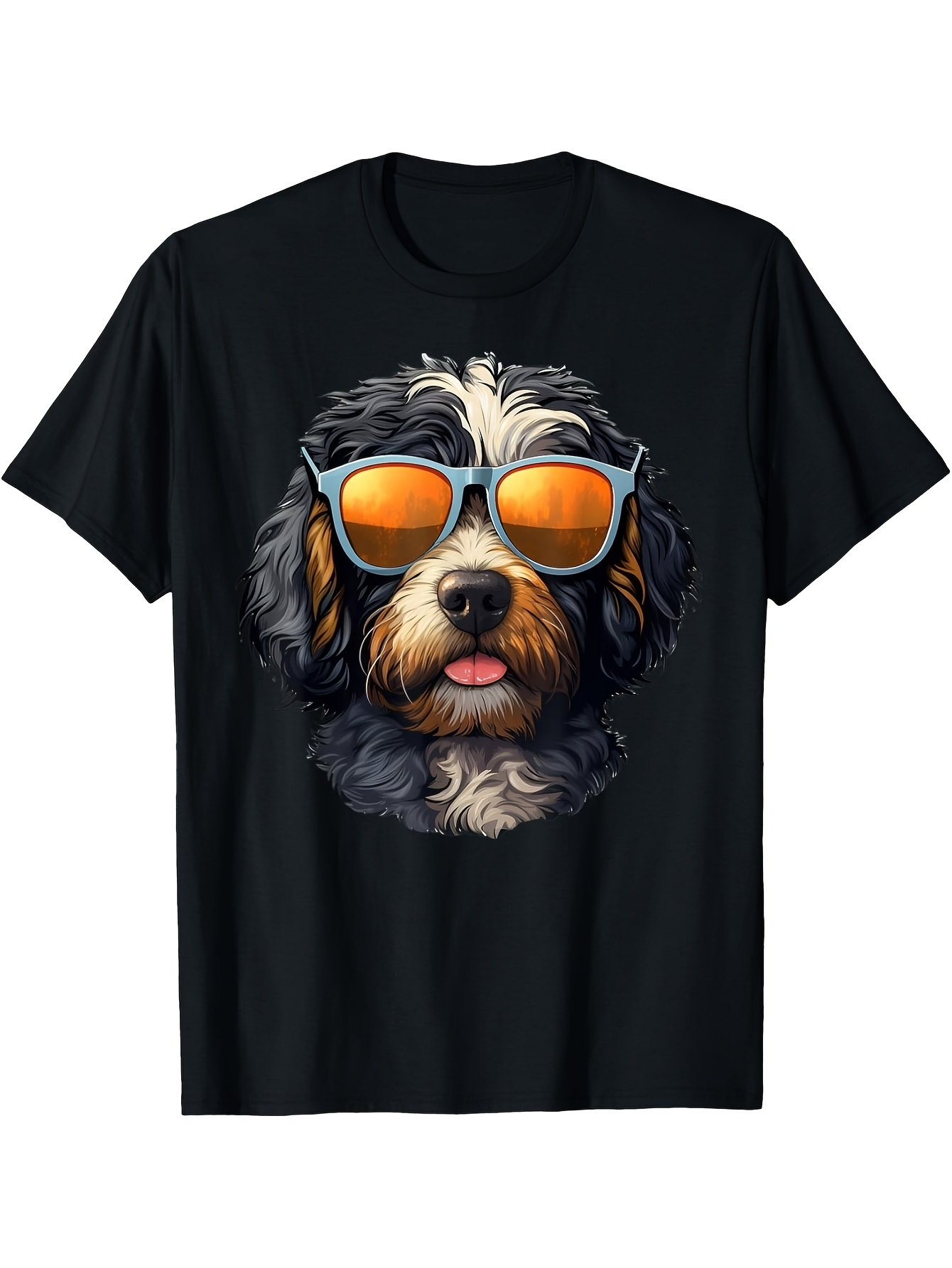 Men's Graphic T-Shirt Playful Dog With Reflective Sunglasses And Fluffy Fur Under Bright Lights
