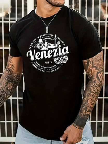 Men's Graphic T-Shirt Classic European Landmarks Surrounded By Circular Vintage Label Venezia T Shirt