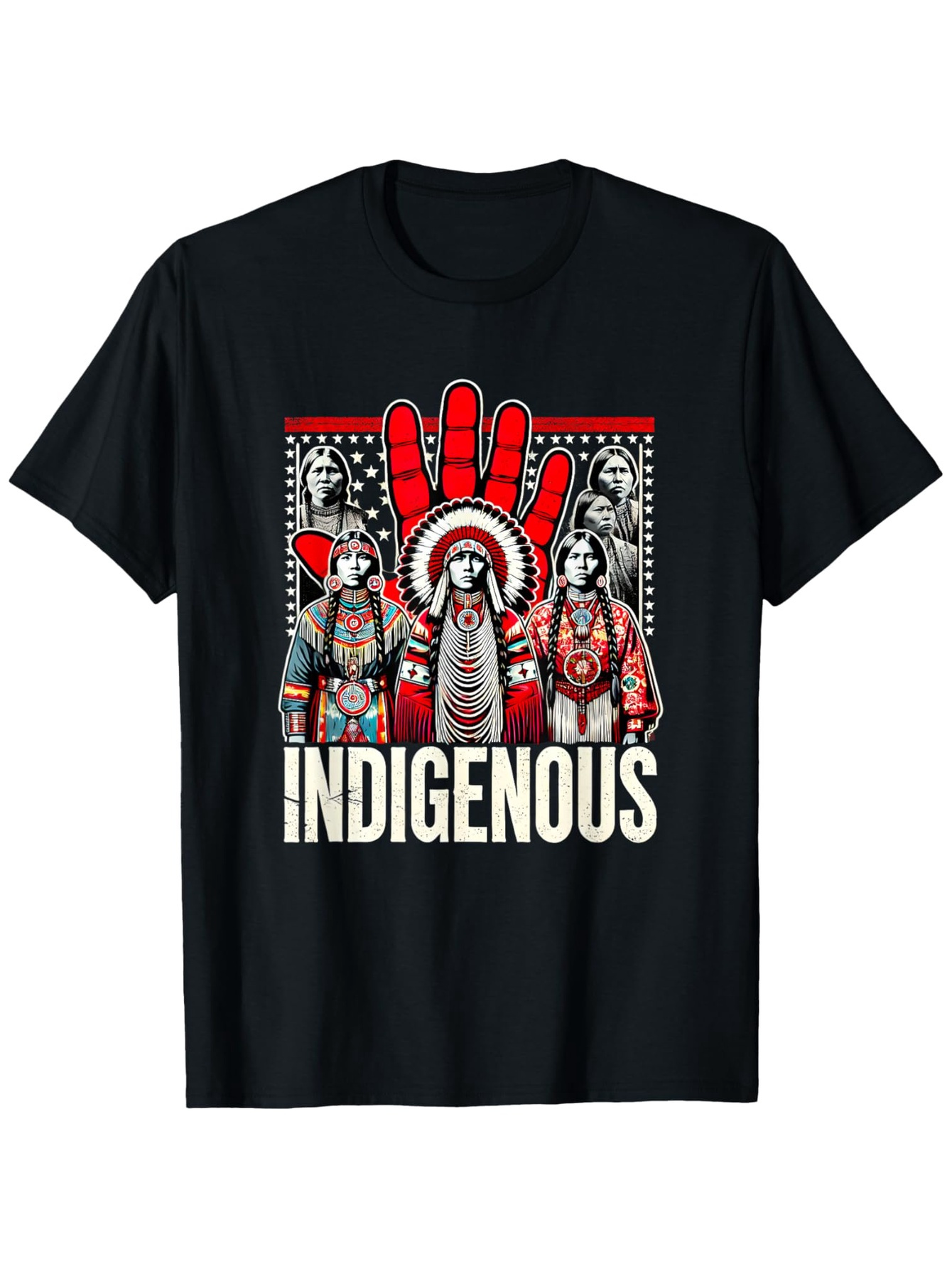 Men's Graphic T-Shirt Indigenous Cultural Portraits With Red Painted Handprint And Tribal Patterns