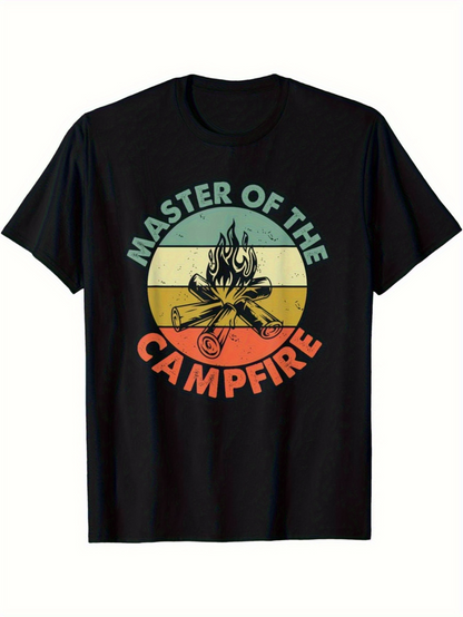 Men's Graphic T-Shirt Master Of The Campfire Colorful Retro Lines With Burning Campfire And Wooden Logs