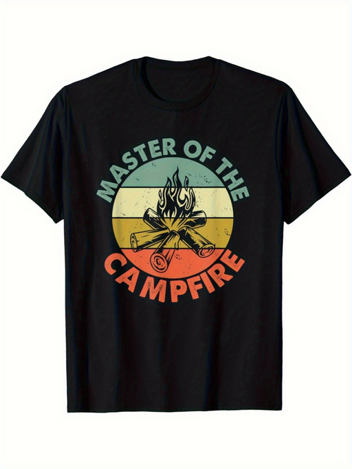 Men's Graphic T-Shirt Master Of The Campfire Colorful Retro Lines With Burning Campfire And Wooden Logs
