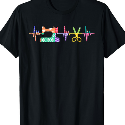 Men's Graphic T-Shirt Colorful Sewing Patterns With Vibrant Heartbeat Lines Featuring Scissors And Sewing Machine