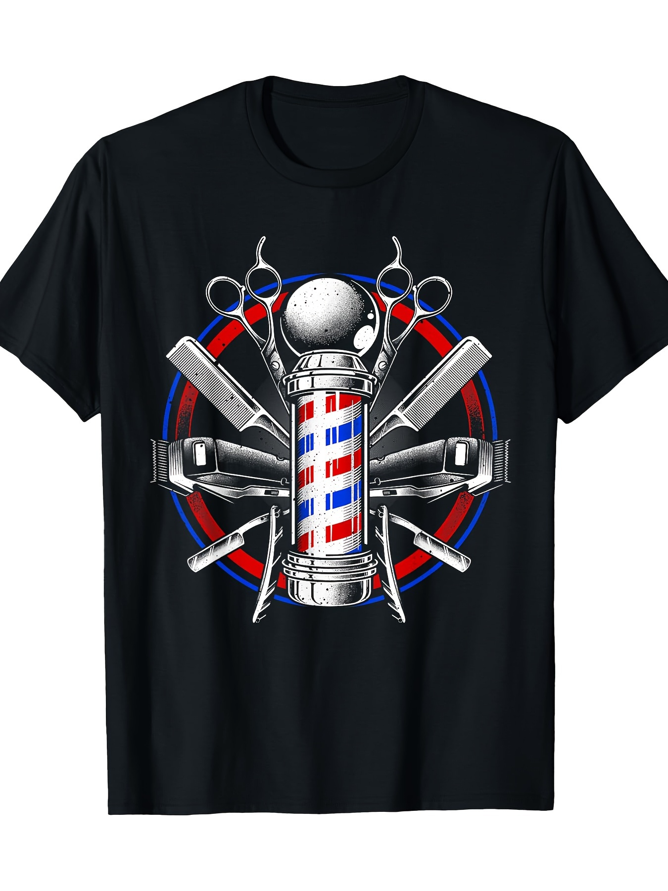 Men's Graphic T-Shirt Classic Barber Shop Tools With Vintage Striped Pole Centerpiece