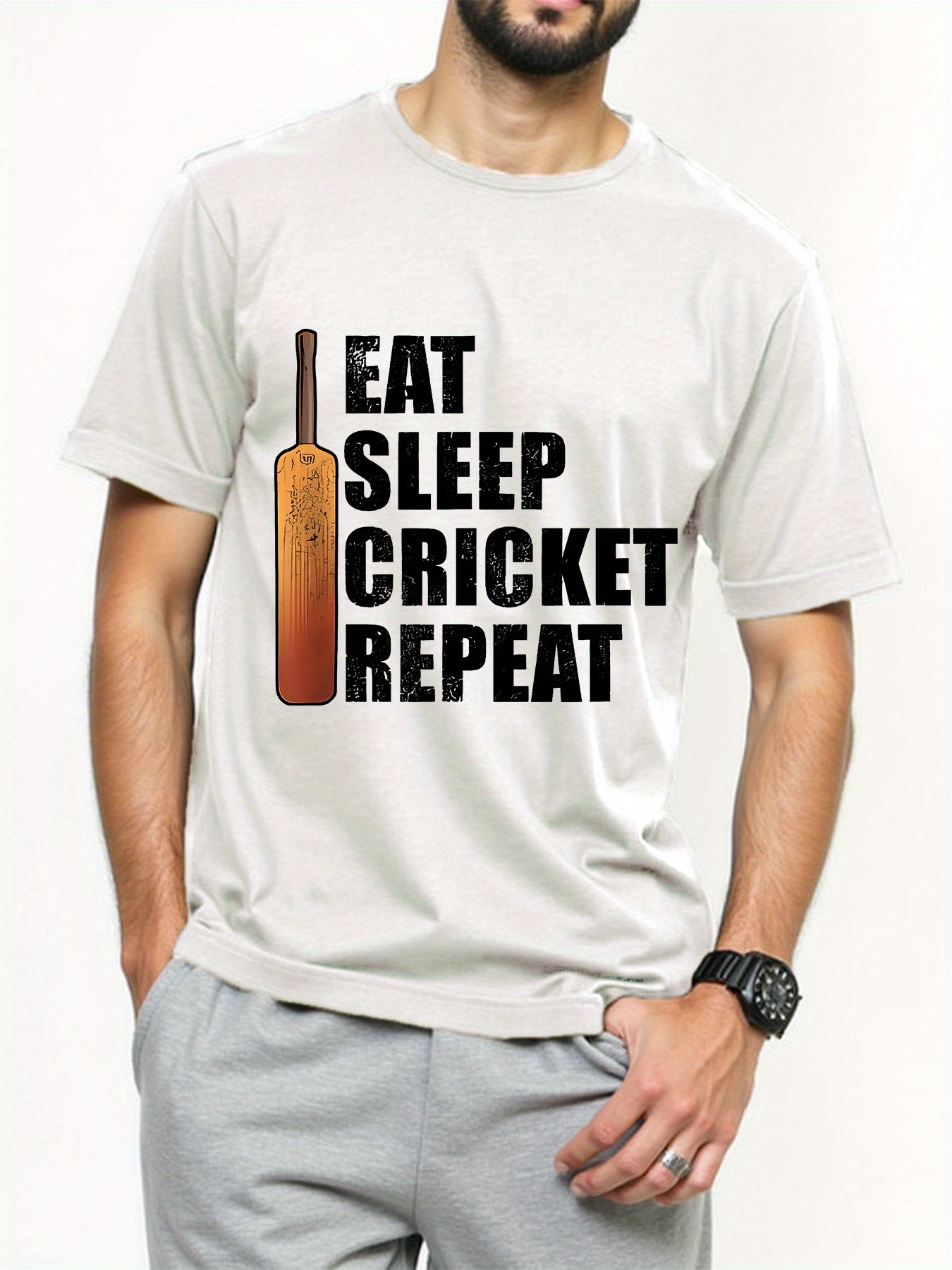 Men's Graphic T-Shirt Eat Sleep Cricket Repeat With Vertical Wooden Bat Design T Shirt