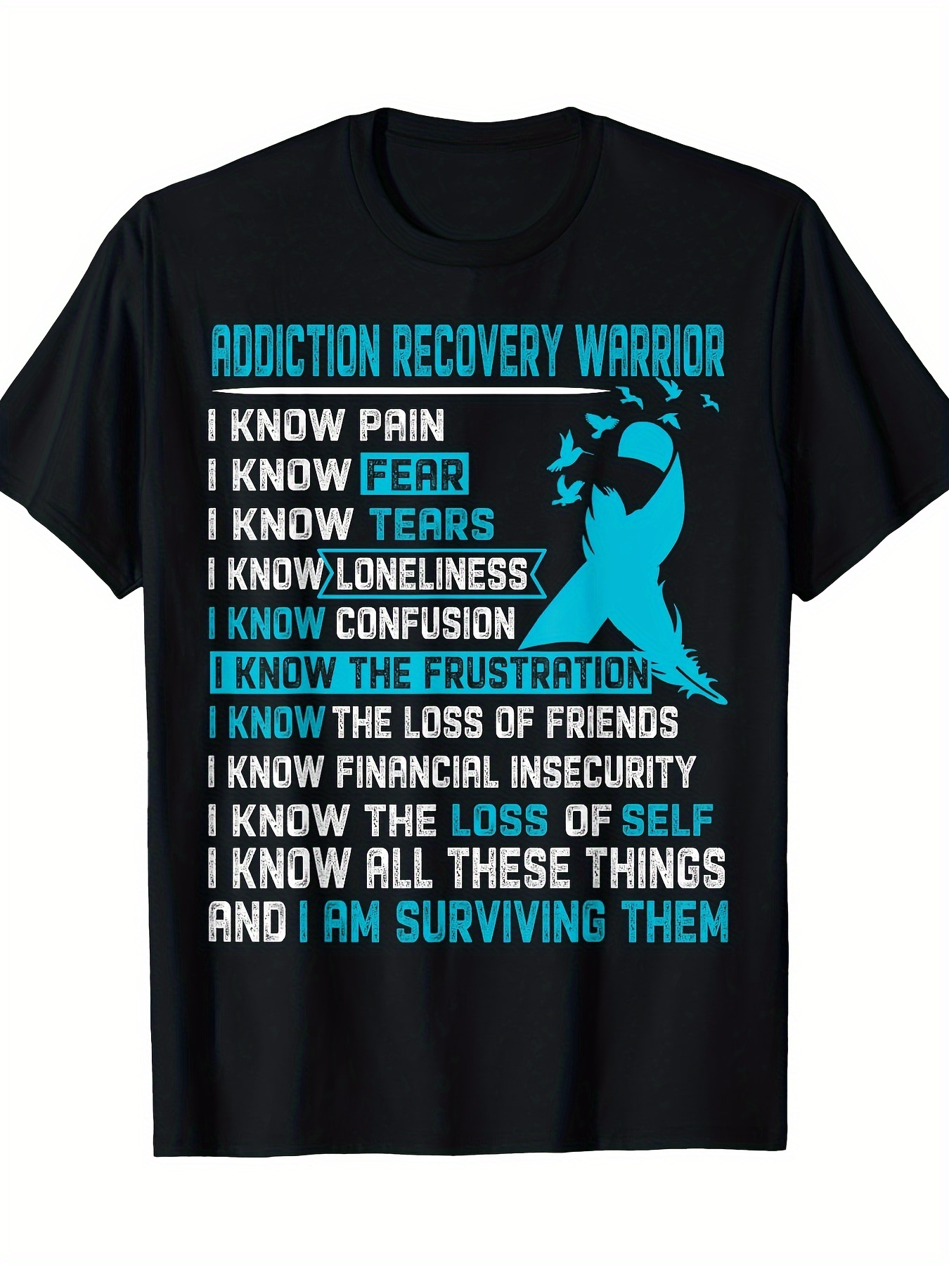 Men's Graphic T-Shirt Addiction Recovery Warrior Surviving Through Pain And Challenges With Awareness Ribbon