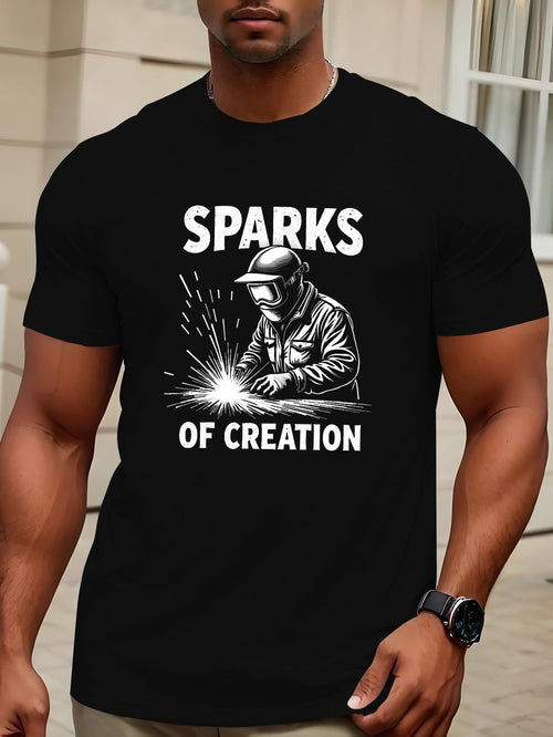 Men's Graphic T-Shirt Sparks Of Creation Glowing Welding Sparks With Steelworker Under Intense Light